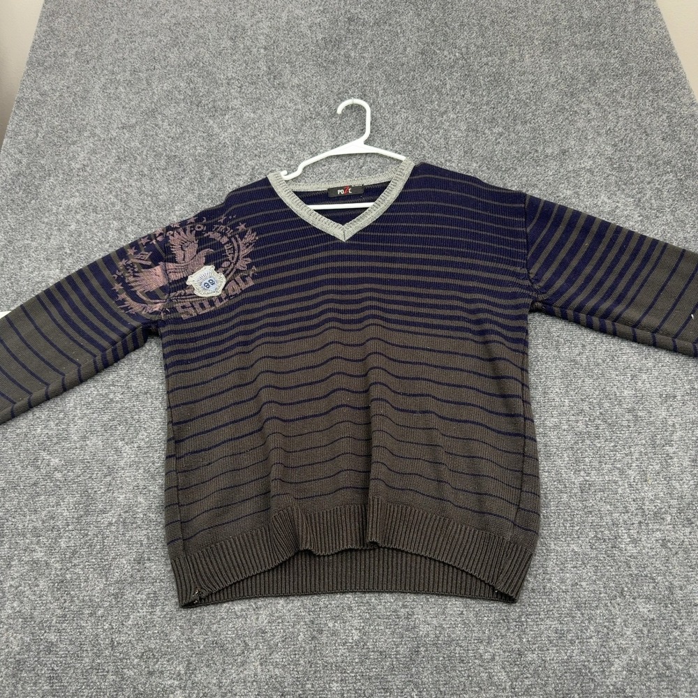 Vintage Poze Sweater Mens XL Blue Brown Knit Striped Graphic V-Neck Y2K Grunge